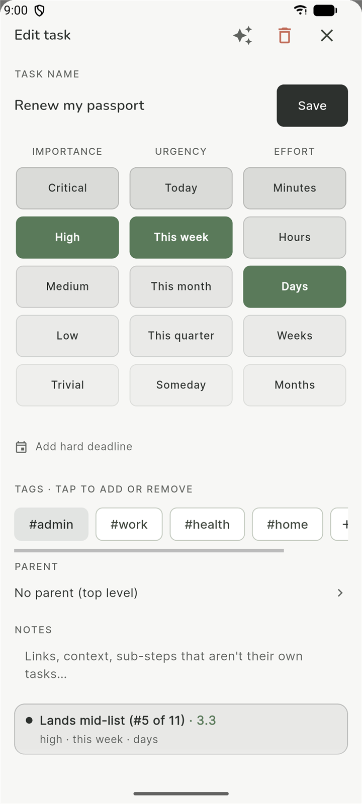 Task editor with importance, urgency and effort ratings and the resulting rank