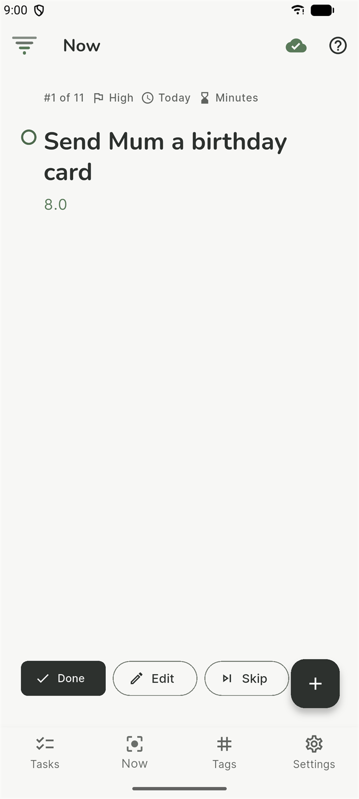 Now view showing the single highest-ranked task