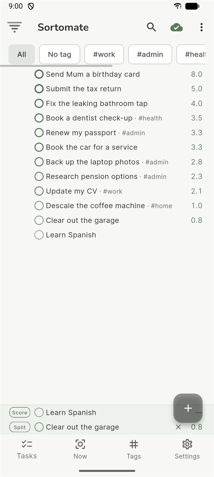 Sortomate task list, every task scored and ranked